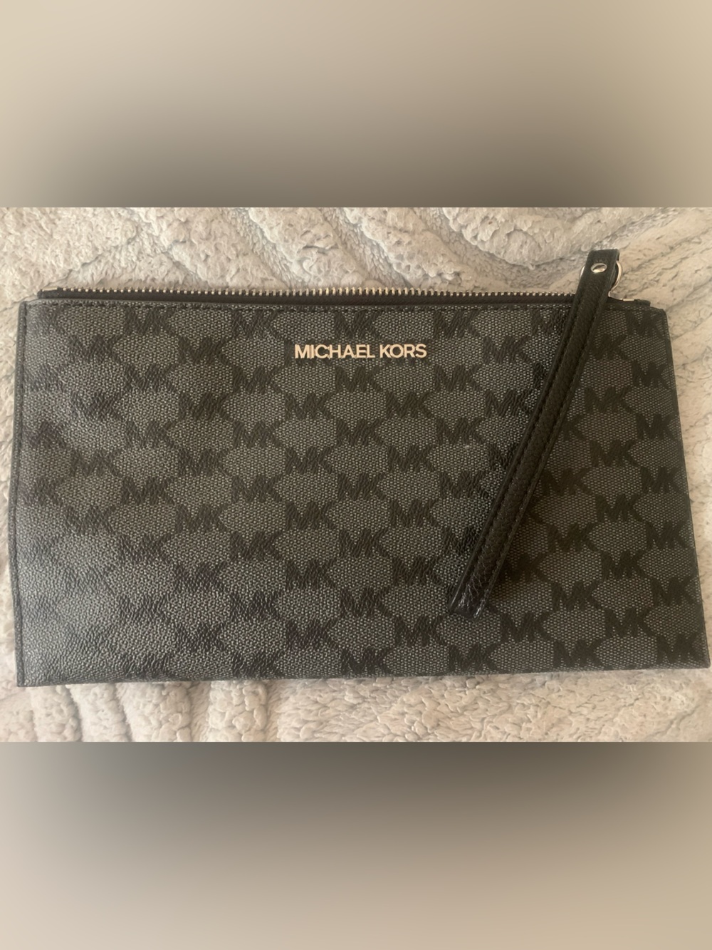 Michael Kors Black Logo Wristlet Clutch with silver logo